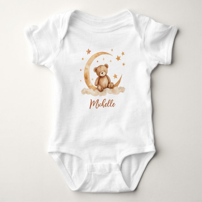 Personalised Name Bear Moon & Stars   Baby Bodysuit (Front)