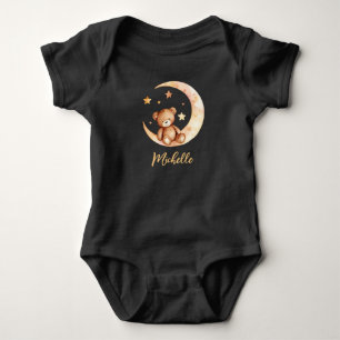 Personalised Name Bear Moon & Stars Black Baby Bodysuit