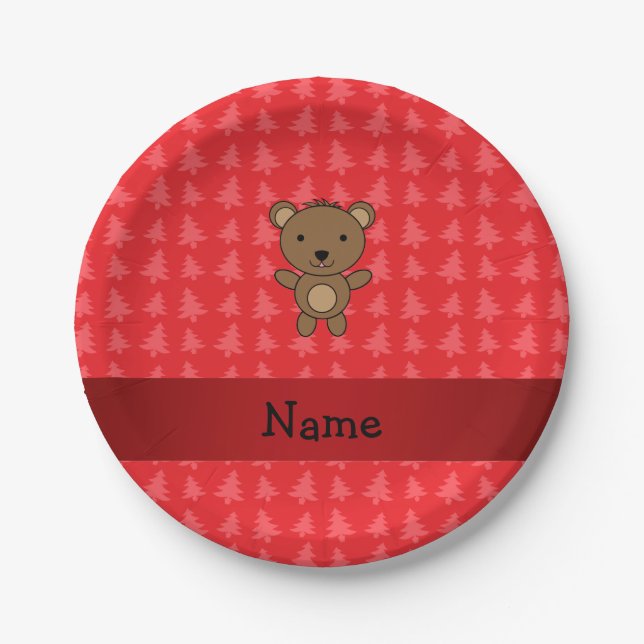 Personalised name bear red christmas trees paper plate (Front)