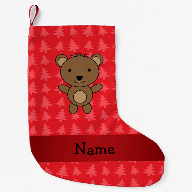 Personalised name bear red christmas trees small christmas stocking (Front)