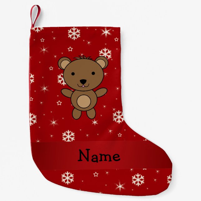 Personalised name bear red snowflakes small christmas stocking (Front)