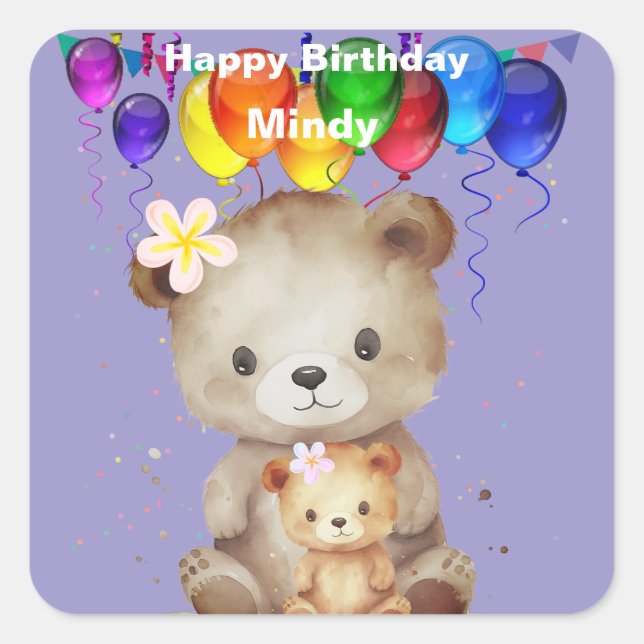 Personalised name Bear Square Sticker (Front)