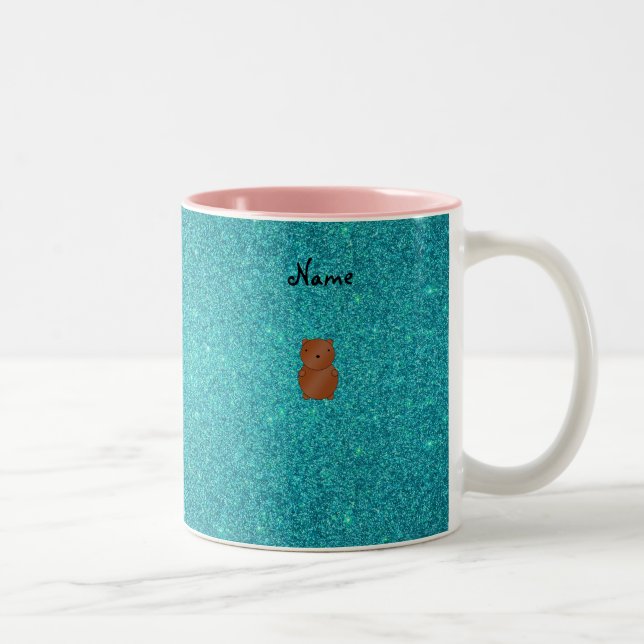 Personalised name bear turquoise glitter Two-Tone coffee mug (Right)