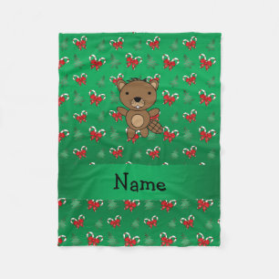 Personalised name beaver green candy canes bows fleece blanket