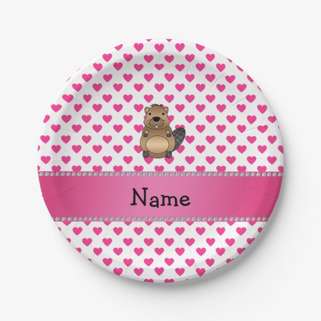 Personalised name beaver pink hearts polka dots paper plate (Front)