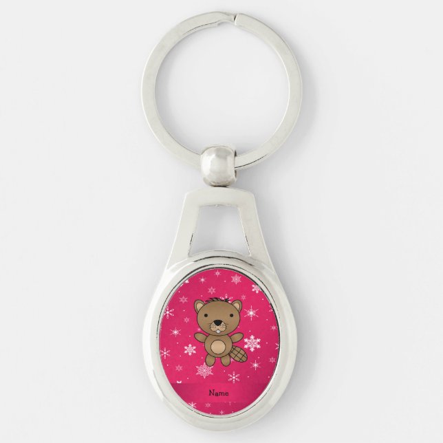 Personalised name beaver pink snowflakes key ring (Front)