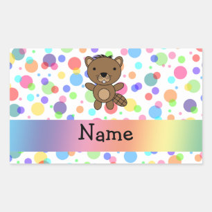 Personalised name beaver rainbow polka dots rectangular sticker