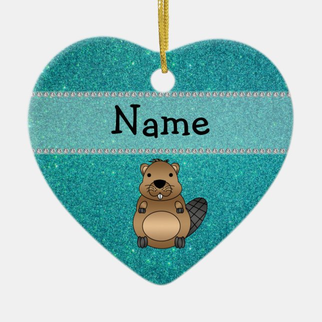 Personalised name beaver turquoise glitter ceramic tree decoration (Front)
