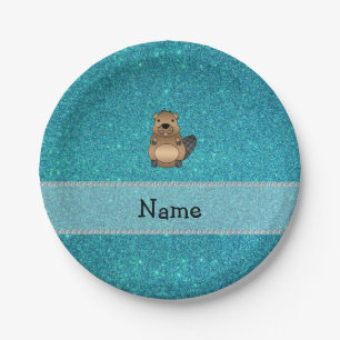 Personalised name beaver turquoise glitter paper plate