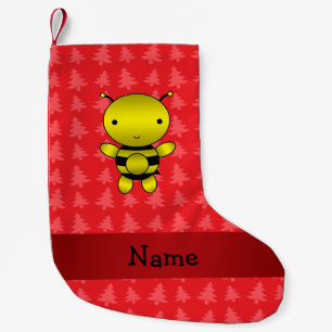 Personalised name bee red christmas trees small christmas stocking