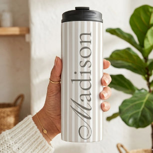 Personalised Name Beige Striped Bride Bridesmaids Thermal Tumbler
