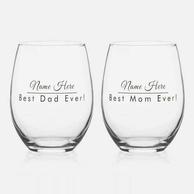 Personalised Name Best Dad and Mum Ever Elegant Stemless Wine Glass (Front)