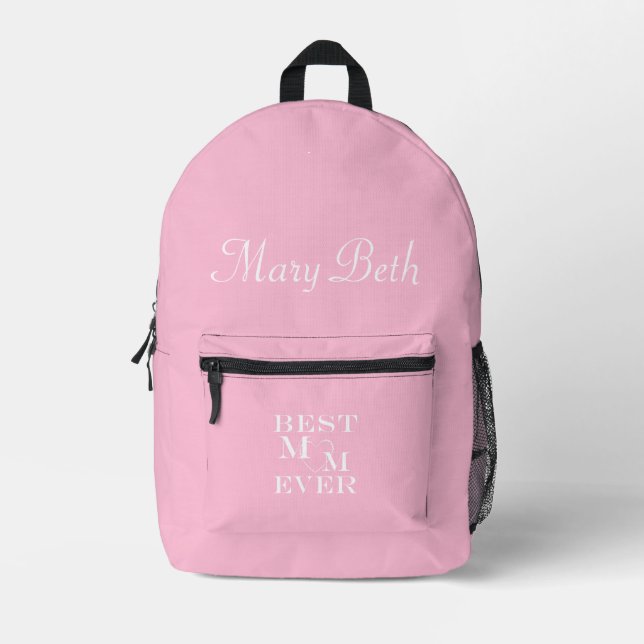 Personalised Name Best Mum Ever Cute Heart Pink Printed Backpack (Front)