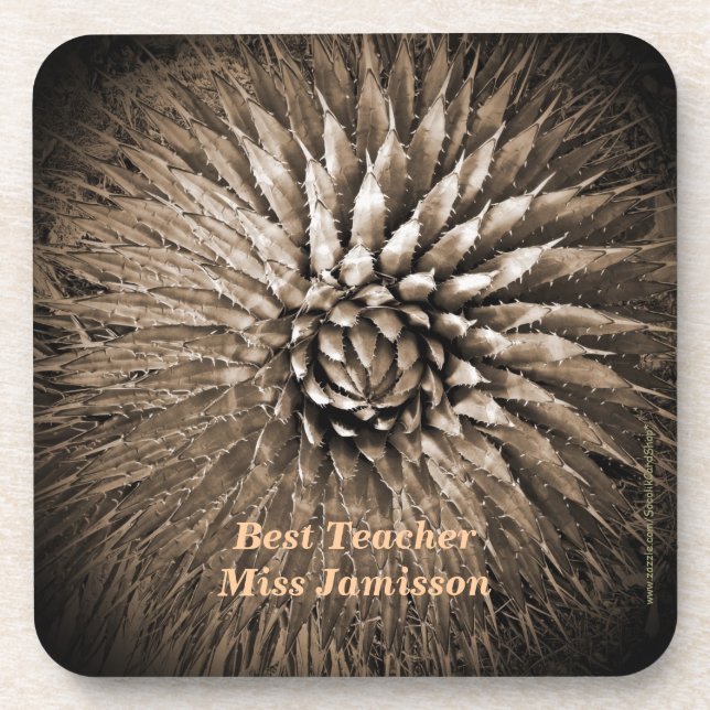 Personalised Name Best Teacher Agave Sepia Coaster (Front)