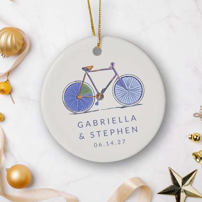 Personalised Name Bicycle Married Couple Christmas Ceramic Ornament (Creator Uploaded)
