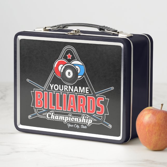 Personalised NAME Billiards 8 Ball Pool Cue Rack Metal Lunch Box (In Situ)