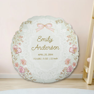 Personalised Name Birth Stats Watercolor Floral Round Cushion