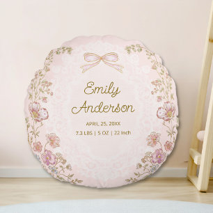 Personalised Name Birth Stats Watercolor Floral Round Cushion