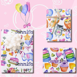 Personalised Name Birthday Balloons Cake Gifts 3 Wrapping Paper Sheet
