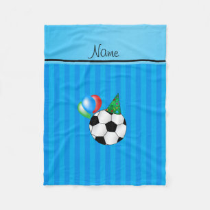 Personalised name birthday soccer sky blue stripes fleece blanket