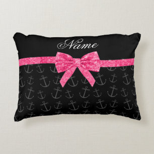 Personalised name black anchors pink glitter bow decorative cushion