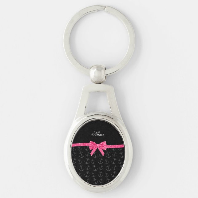 Personalised name black anchors pink glitter bow key ring (Front)