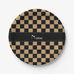 Personalised name black and brown checkers paper plate