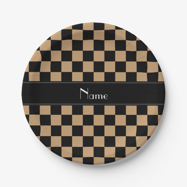 Personalised name black and brown checkers paper plate (Front)