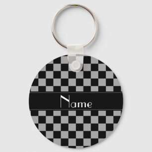 Personalised name black and grey checkers key ring