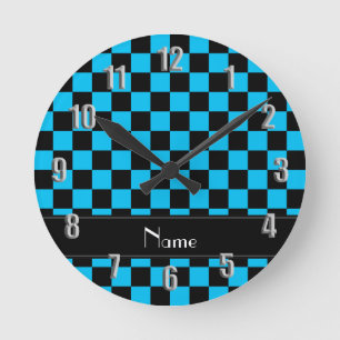 Personalised name black and light blue checkers round clock