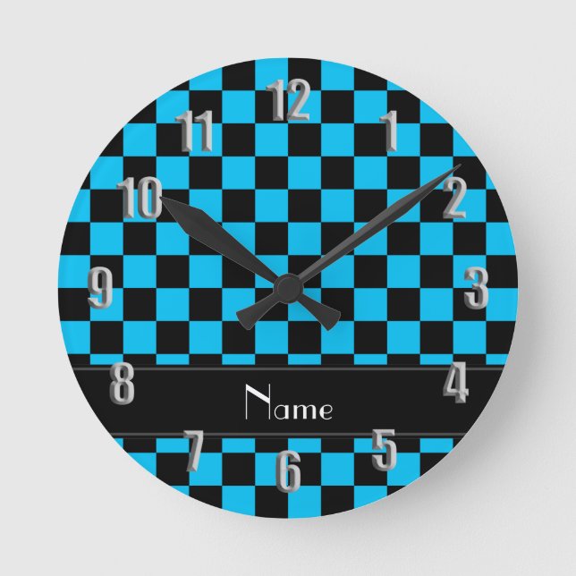 Personalised name black and light blue checkers round clock (Front)