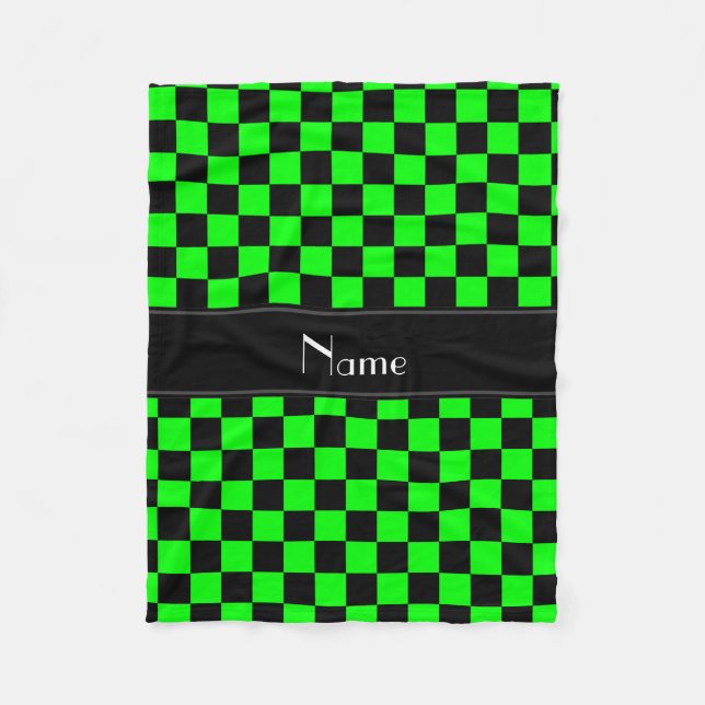 Personalised name black and neon green checkers fleece blanket (Front)
