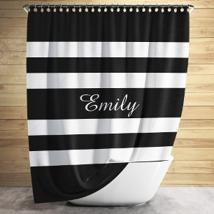 Personalised Name Black And White Bold Stripes Shower Curtain