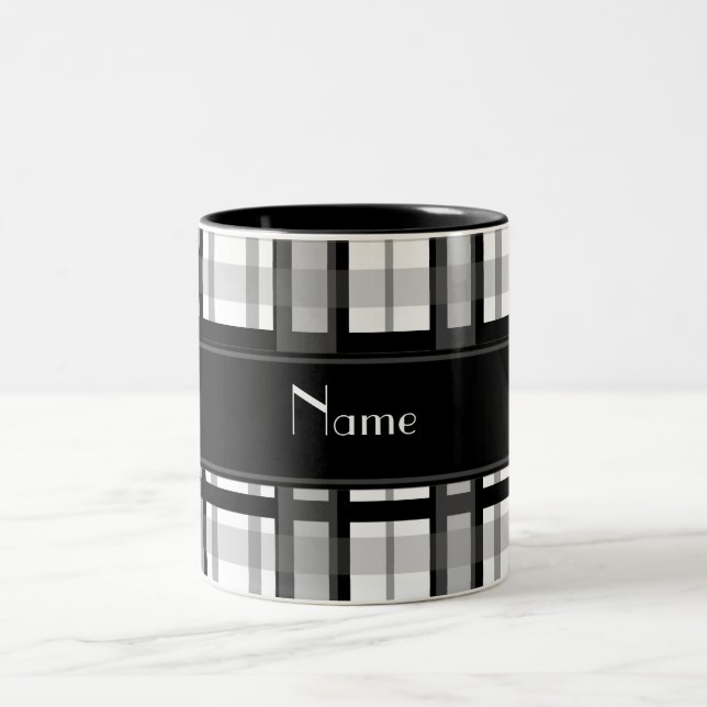 Personalised name black and white plaid Two-Tone coffee mug (Center)