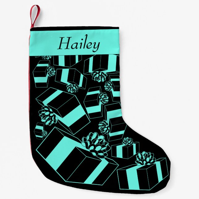 Personalised Name Black Aqua Pattern Small Christmas Stocking (Front)