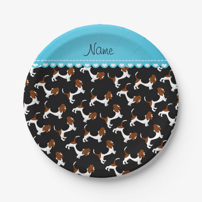 Personalised name black basset hound dogs paper plate (Front)