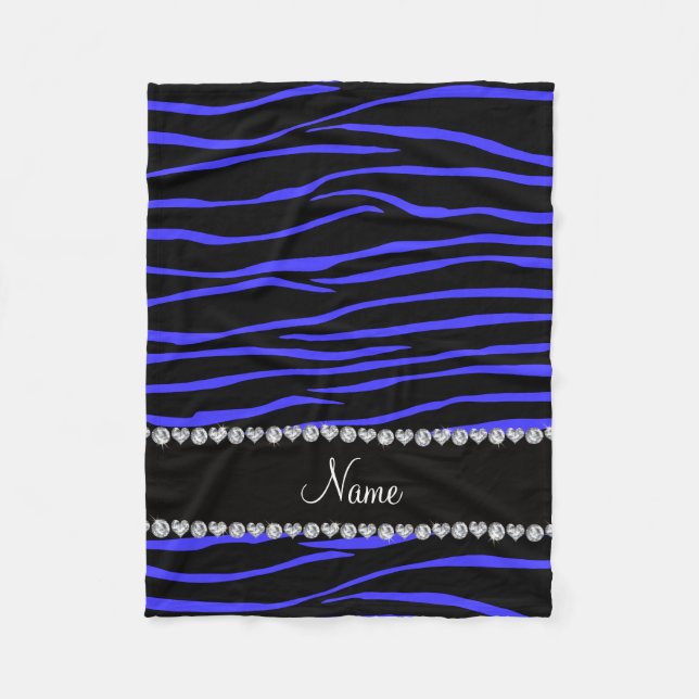 Personalised name black blue zebra stripes fleece blanket (Front)