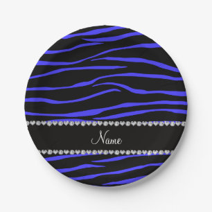 Personalised name black blue zebra stripes paper plate