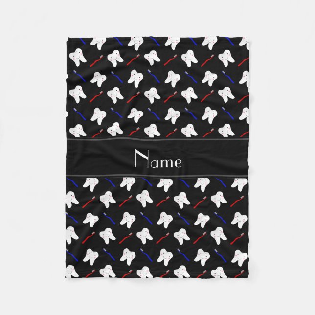 Personalised name black brushes and tooth pattern fleece blanket (Front)