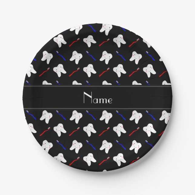 Personalised name black brushes and tooth pattern paper plate (Front)