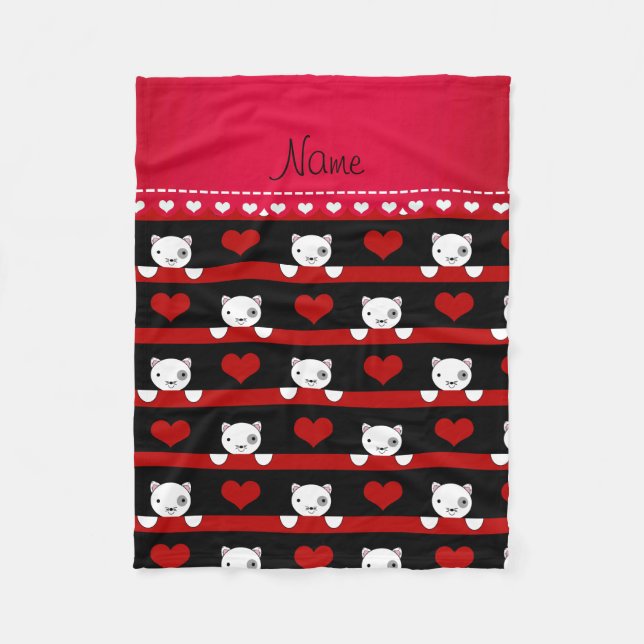 Personalised name black cats red hearts stripes fleece blanket (Front)