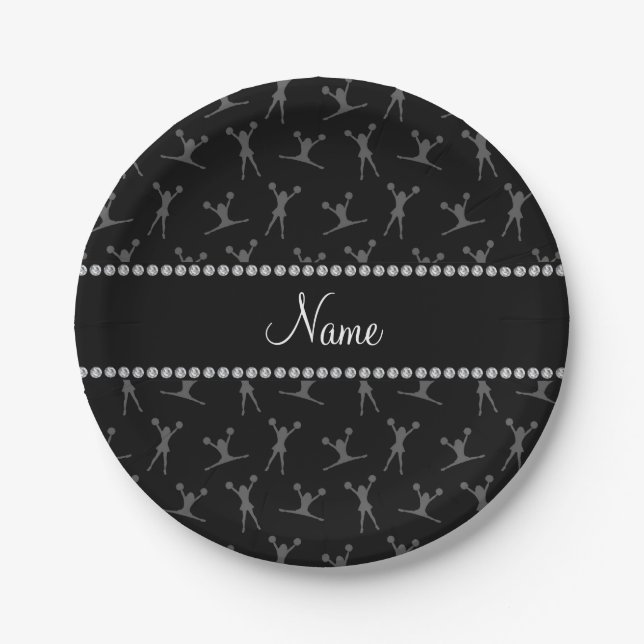 Personalised name black cheerleader pattern paper plate (Front)
