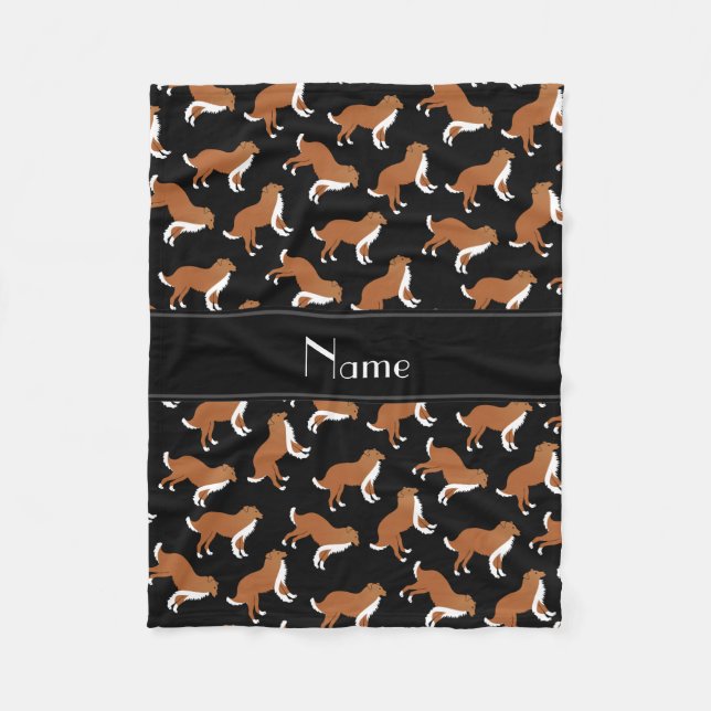 Personalised name black collie dog pattern fleece blanket (Front)