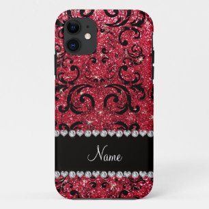Personalised name black crimson red glitter damask iPhone 11 case