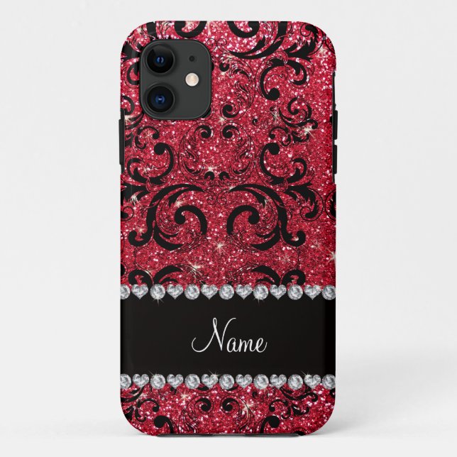 Personalised name black crimson red glitter damask Case-Mate iPhone case (Back)