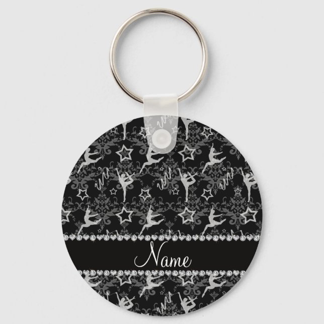 Personalised name black damask gymnastics key ring (Front)