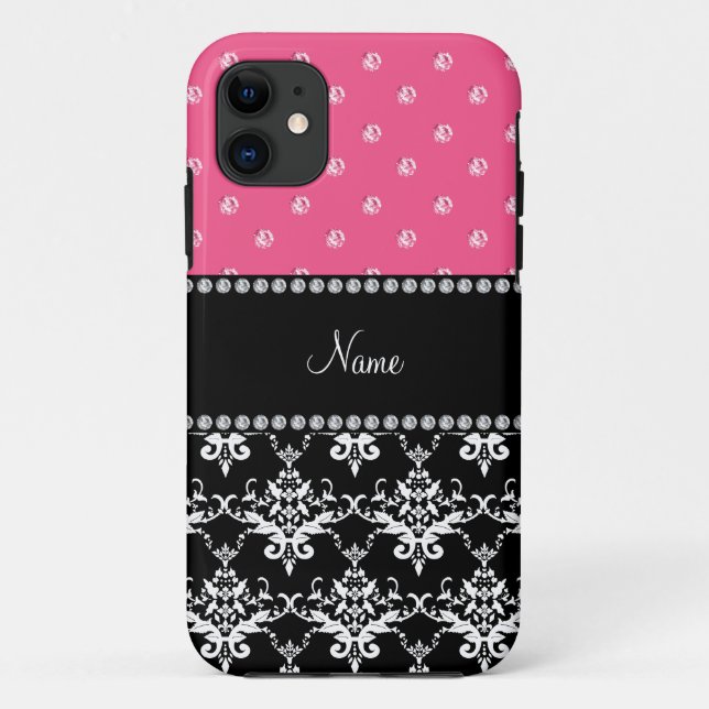 Personalised name black damask pink diamonds Case-Mate iPhone case (Back)