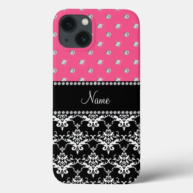 Personalised name black damask pink diamonds Case-Mate iPhone case (Back)
