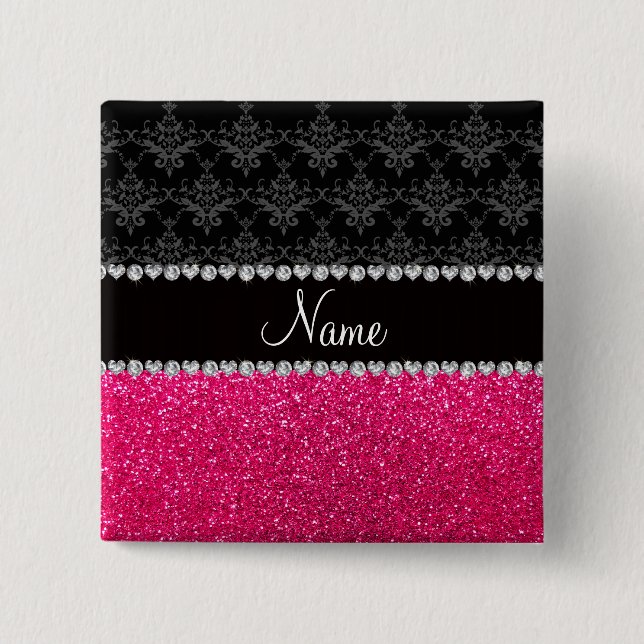 Personalised name black damask pink glitter 15 cm square badge (Front)