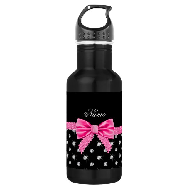 Personalised name black diamonds pink bow 532 ml water bottle (Front)